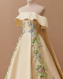 Yellow gorgeous exquisite floral long satin formal custom made ball gown evening dress HZ1023