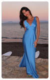 Blue simple elegant V-neck long satin ball gown evening dress HZ1023