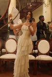 White Vintage Fashion A-line Off-shoulder Long Chiffon tulle Tiered Ruffle Ball Gown Evening Dress Party Dress Prom Dress HZ1023