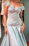 Blue elegant simple off-shoulder tulle long ball gown evening dress HZ1023