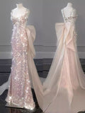 pink gorgeous sparkling pretty mermaid ball gown with detachable bow long elegant sequin formal prom dress eveng Dress Party Dress HZ1023