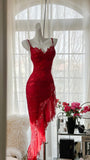 Red Fashion Elegant Delicate Floral Beaded Spaghetti Strap Midi Ruffle Mermaid Slim Fit Lace Chiffon Ball Gown Birthday Party Dress Evening Gown Prom Dress HZ1023