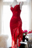 Red Fashion Elegant Delicate Floral Beaded Spaghetti Strap Midi Ruffle Mermaid Slim Fit Lace Chiffon Ball Gown Birthday Party Dress Evening Gown Prom Dress HZ1023