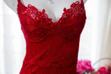 Red Fashion Elegant Delicate Floral Beaded Spaghetti Strap Midi Ruffle Mermaid Slim Fit Lace Chiffon Ball Gown Birthday Party Dress Evening Gown Prom Dress HZ1023