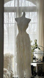 Ivory White Romantic Elegant Exquisite Beaded Backless Long Chiffon Ruffle Homecoming Dress Prom Dress Evening Dress Birthday Holiday Party Dress HZ1023