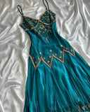 Peacock blue vintage fashion exquisite embroidery beaded spaghetti strap long chiffon ball gown evening dress party dress HZ1023