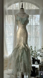 Green white gorgeous beautiful charming spaghetti straps beaded ruffles mermaid long slim lace tulle ball gown fashion evening dress party dress prom dress HZ1023