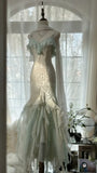 Green white gorgeous beautiful charming spaghetti straps beaded ruffles mermaid long slim lace tulle ball gown fashion evening dress party dress prom dress HZ1023