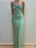 Green Vintage Fashion Beaded Spaghetti Straps Long satin Formal Prom Dress, Evening Dress, Party Dress HZ1023