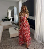Hot Red Floral Print A-Line Backless Ruffle Long Chiffon Elegant Sexy Ball Gown Evening Dress Party Dress HZ1023