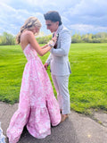 Pink Sweet Heart Neck Beautiful Floral Long Satin Ball Gown Evening Dress Party Dress HZ1023