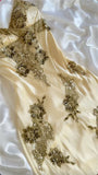 Champagne color gorgeous fashion exquisite beaded lace spaghetti strap long satin ball gown evening dress party dress HZ1023