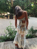 Blue floral lace ruffle long two piece suit evening gown party dress HZ1023