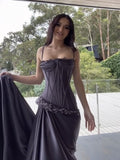Purple vintage fashion spaghetti strap long satin prom dress, evening dress, party dress HZ1023