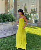 Yellow green fashion simple elegant tube top off shoulder long chiffon ball gown party dress evening dress with scarf Prom Dress HZ1023