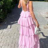 Pink suspenders fashion sweet A-line backless long chiffon tiered ball gown evening dress party dress HZ1023
