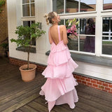Pink suspenders fashion sweet A-line backless long chiffon tiered ball gown evening dress party dress HZ1023
