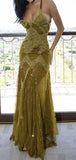 Green retro fashion elegant exquisite lace suspender sleeveless mermaid long chiffon elegant ball gown evening dress party dress HZ1023