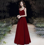 Red velvet long prom dress Simple evening gown HZ1023