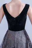 Black tulle sequins long A line prom dress evening dress HZ1023