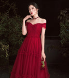 Burgundy tulle off shoulder prom dress evening dress HZ1023