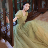 Green tulle beads long prom dress A line evening dress HZ1023