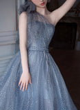 Blue tulle sequins long prom dress one shoulder evening dress HZ1023
