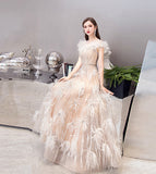 Unique tulle beads long prom dress evening dress HZ1023