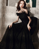 Black tulle beads long A line prom dress evening dress HZ1023