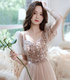 Champagne tulle beads short prom dress homecoming dress HZ1023