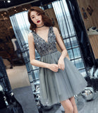 Gray tulle beads short prom dress fashion dress HZ1023