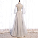 Gray lace sequins long prom gown evening dress HZ1023