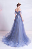 Blue tulle lace long A line prom dress evening dress HZ1023
