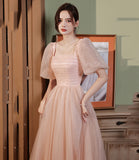 Pink tulle long A line prom dress pink evening gown HZ1023