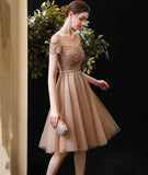 Gold tulle beads short prom dress party dress HZ1023