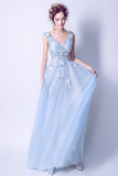 Blue tulle lace long A line prom dress blue evening dress HZ1023