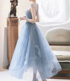 Blue tulle lace short A line prom dress party dress HZ1023