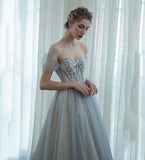 Grey tulle beads long prom dress evening dress HZ1023