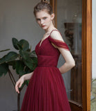 Burgundy tulle long prom dress simple evening gown HZ1023