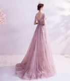 Pink tulle sequins long A line prom dress evening dress HZ1023