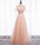 Pink tulle sequins long prom dress HZ1023