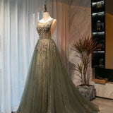 Cute tulle sequins long A line prom dress evening dress HZ1023