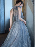 Blue tulle sequins long prom dress one shoulder evening dress HZ1023