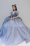 Blue v neck tulle long A line prom dress evening dress HZ1023