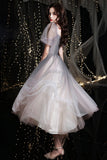 Gray tulle short A line prom dress homecoming dress HZ1023