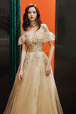 Gold tulle sequins long prom dress A line evening dress HZ1023