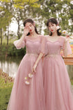 Pink Tulle Long A-Line Ball Gown Evening Gown Bridesmaid Dresses HZ1023