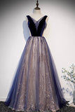 Blue v neck tulle long A line prom dress formal dress HZ1023