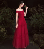 Burgundy tulle off shoulder prom dress evening dress HZ1023