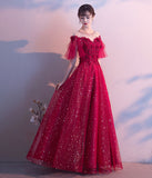 Burgundy tulle sequins prom dress evening dress HZ1023